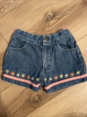 Vintage Buster Brown Blue Denim Girl 2T Shorts Floral Embroidery Pink Gingham
